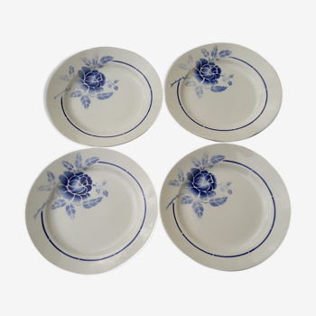 4 hollow plates in earthenware from Saint Amand model 3015 blue pink pattern diam 19.2 cm