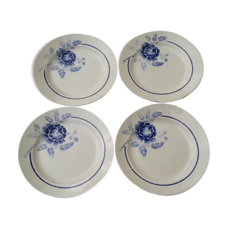 Set de 4 assiettes creuses en faïence de Saint Amand modèle 3015  motif roses bleues diam 19,2 cm