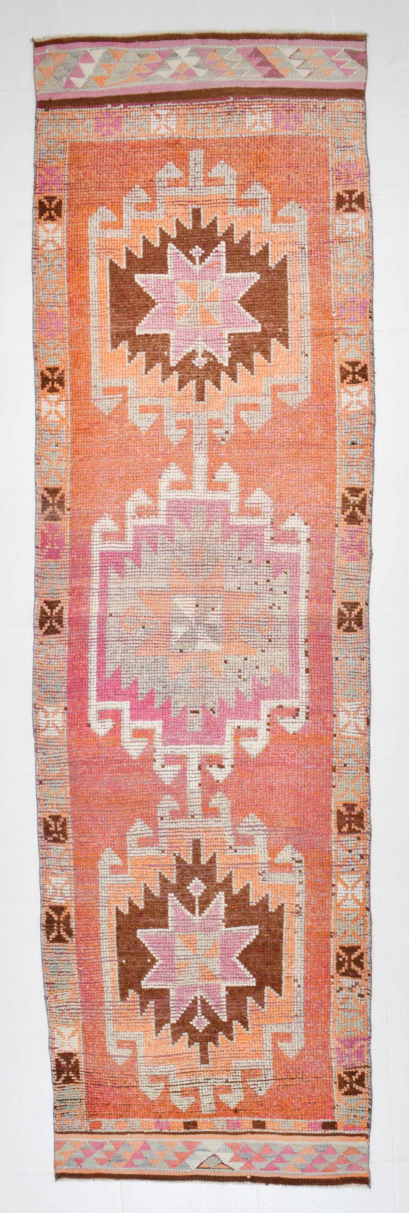 Soft Orange & Pink Star Pattern Handmade Wool Runner Rug, 99x338 Cm