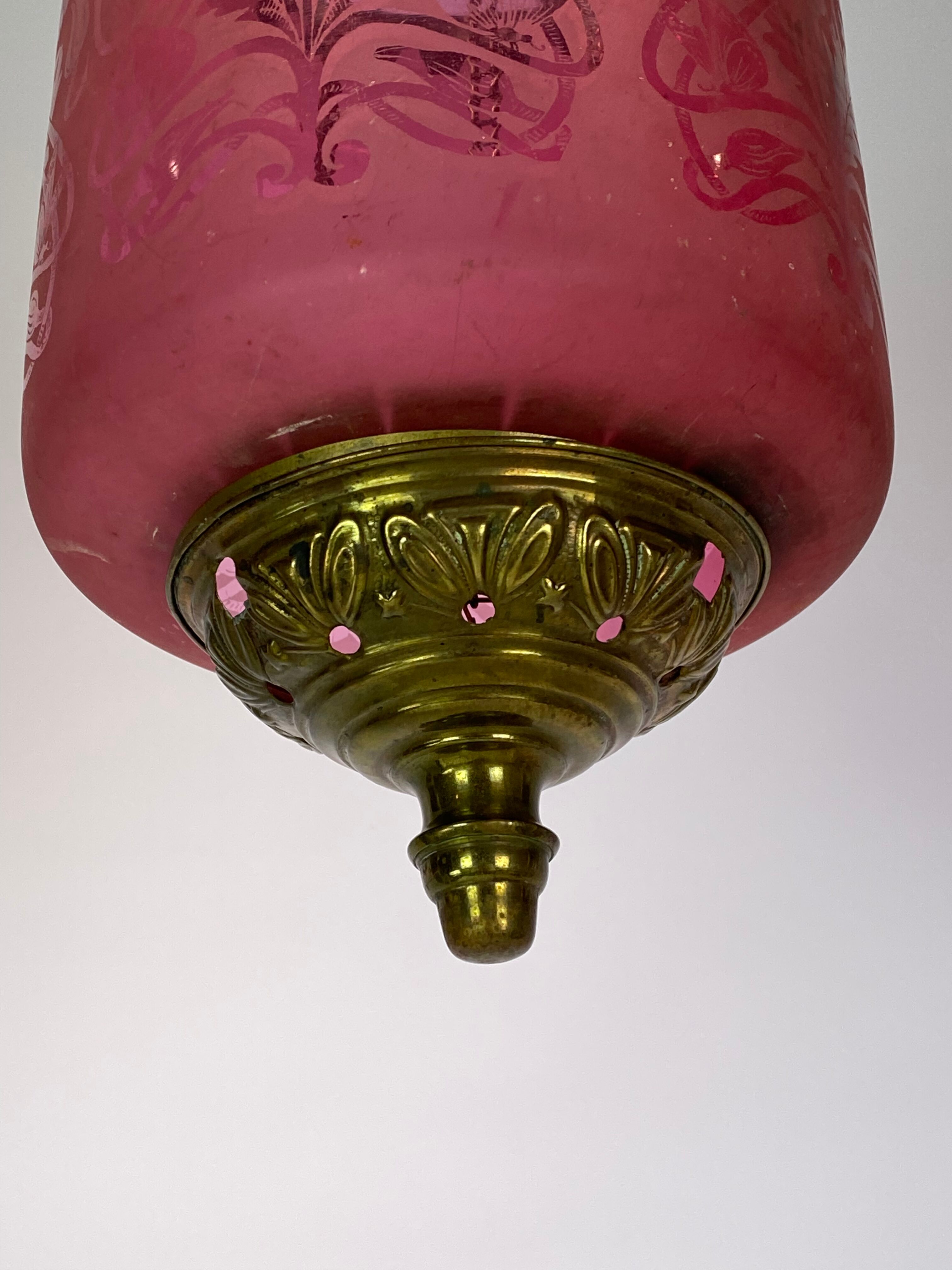 Antique pendant of pink opaline glass with brass edge by Funen's Glassworks, 1860s