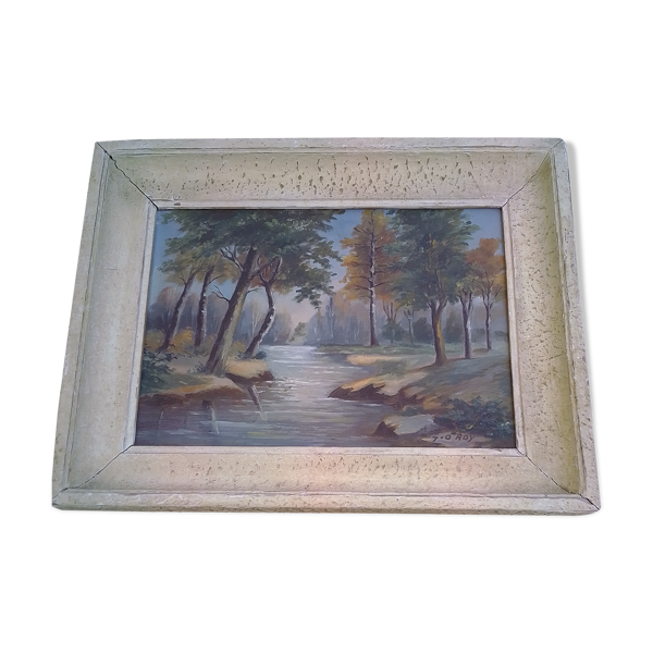 Tableau peinture paysage bois rivière signé