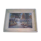 Painting landscape wood river signed