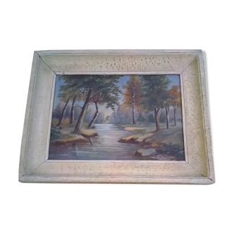 Tableau peinture paysage bois rivière signé