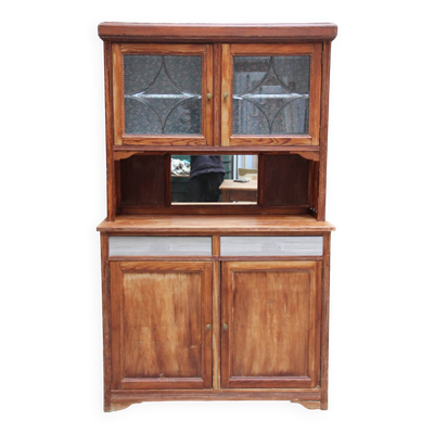 Vaisselier Art Déco en pin, vitres biseautées