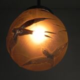 Art Deco pendant light with engraved glass globe and birds, 1930s