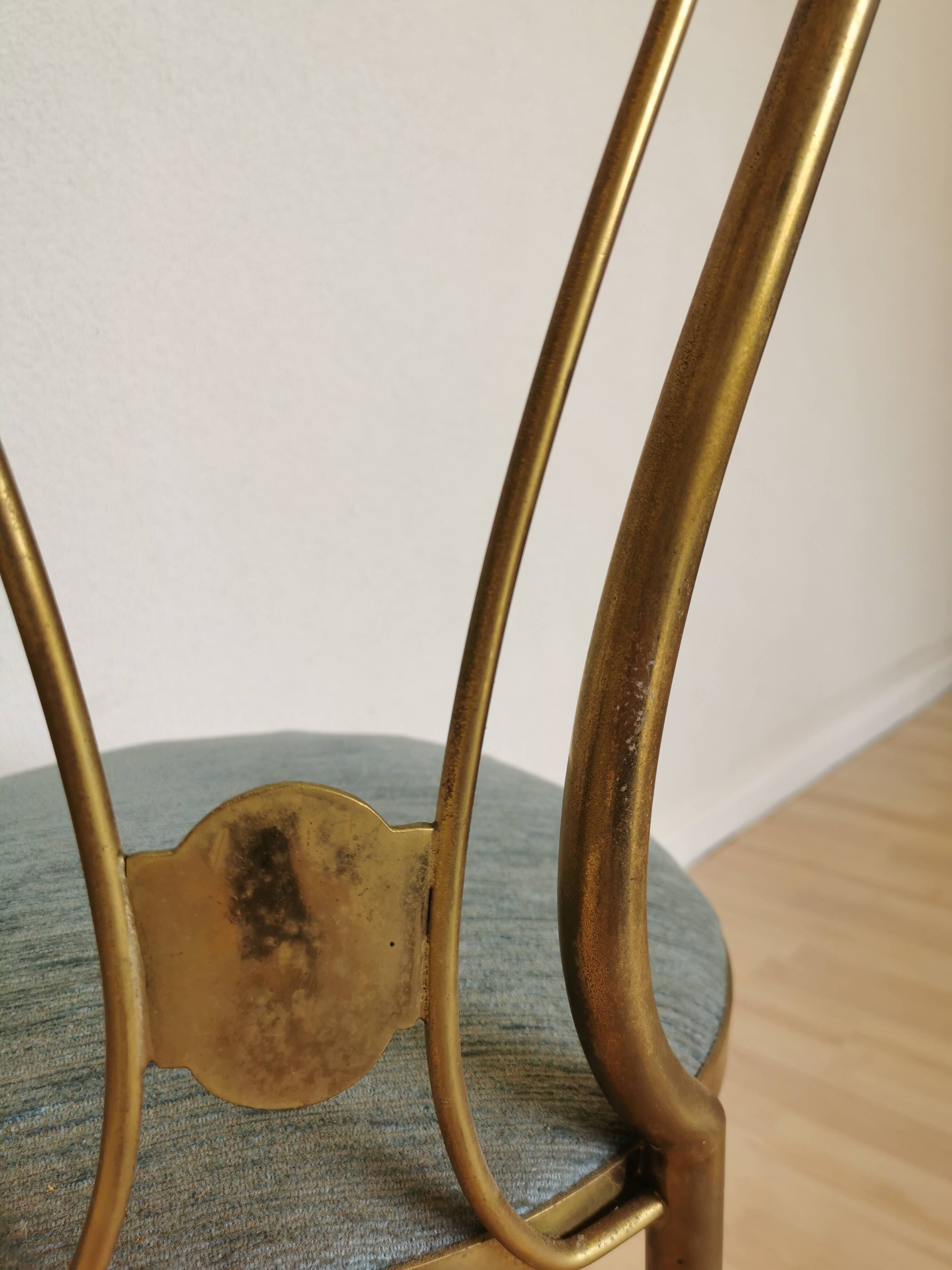 Vintage Paolo Buffa Brass Vanity Chair: Chiavari Style, Blue Fabric, 1950s