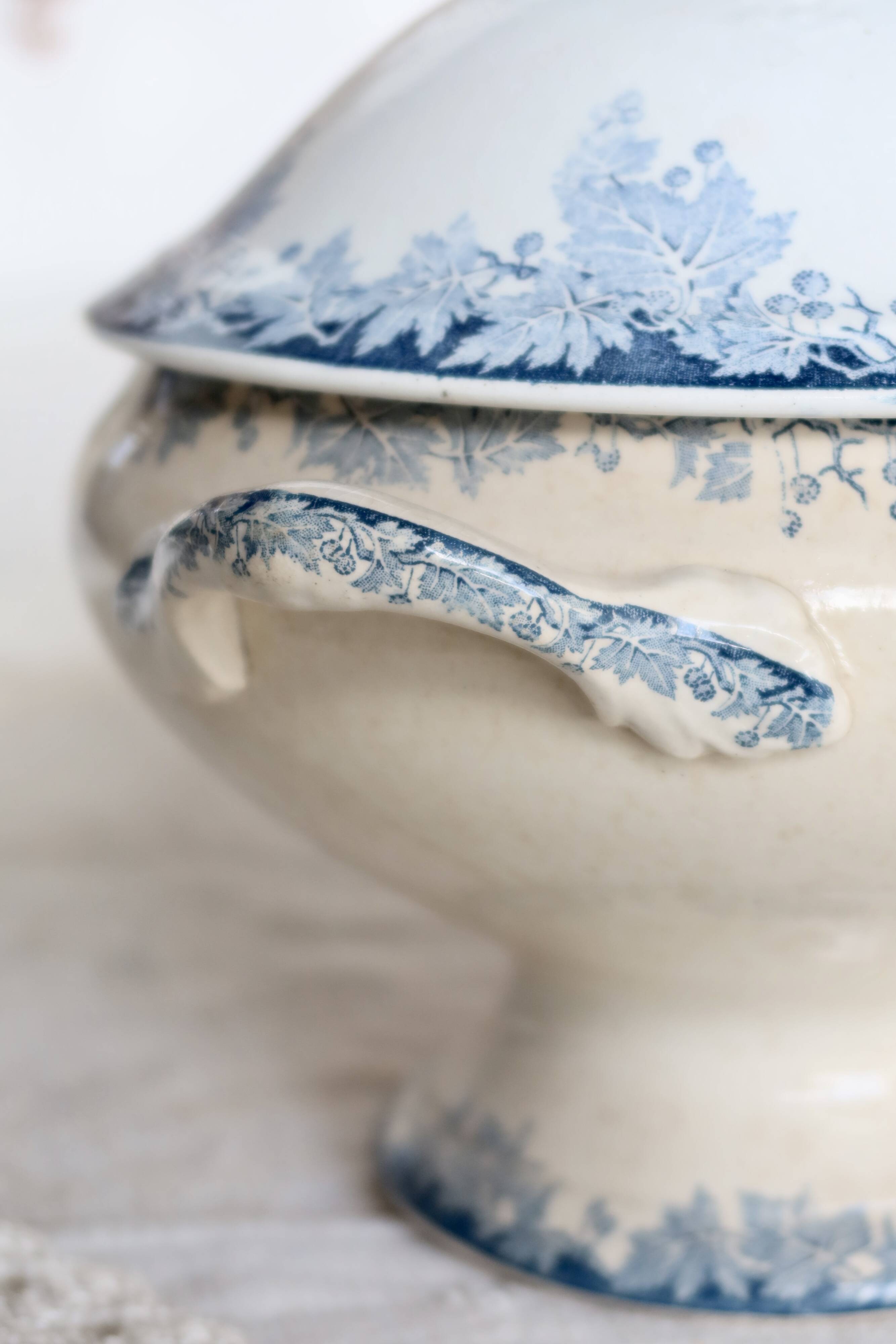 Vintage soup tureen, ironstone, Saint Amand Hamage Nord, Platane blue model.
