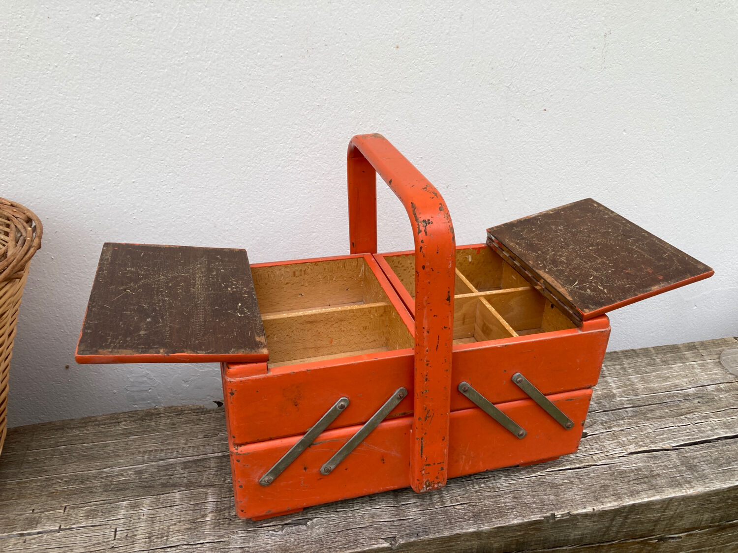 Orange wooden sewing box 1960 1970