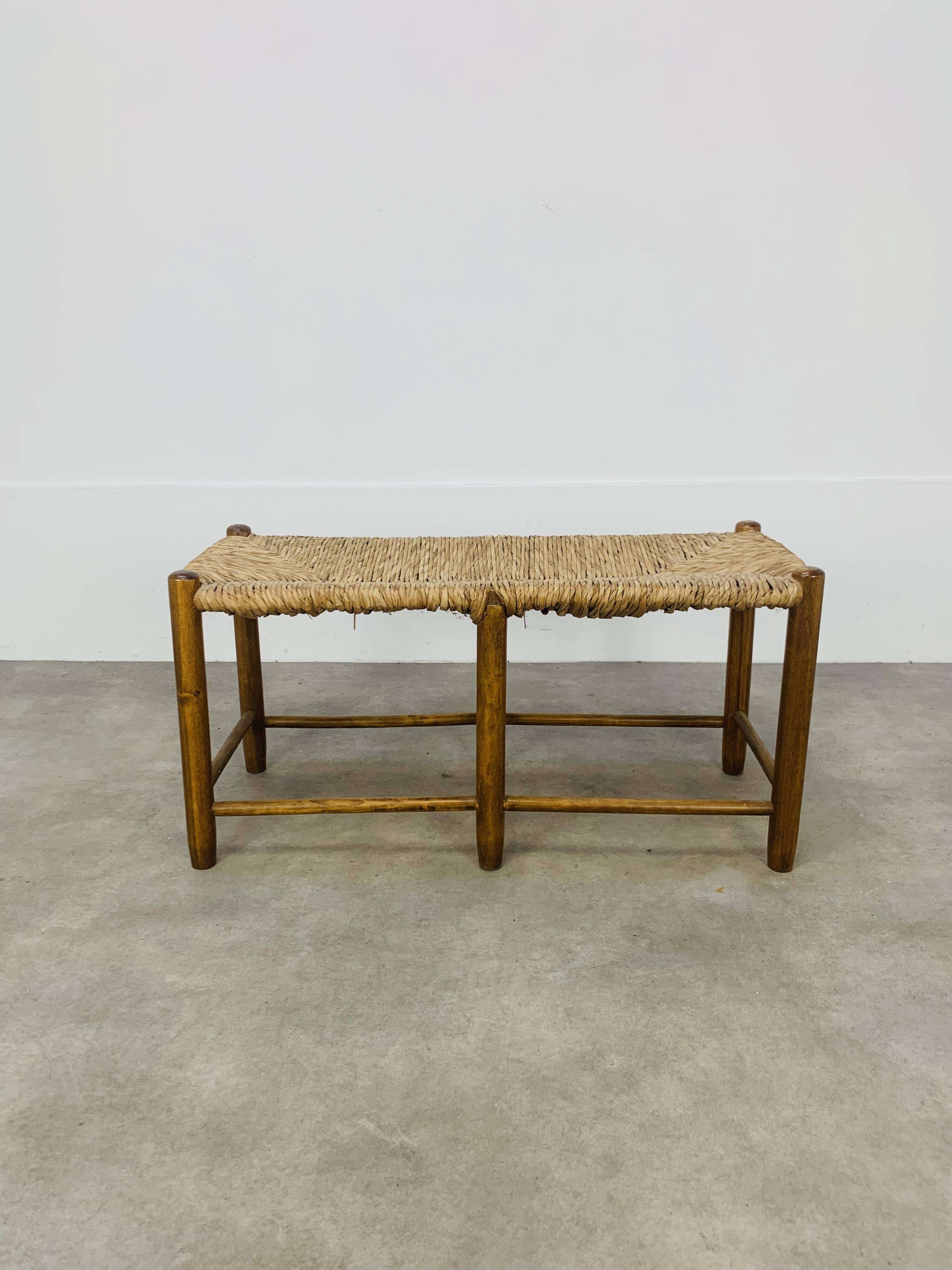 Vintage straw and wood bench, 1960s, country/mountain style