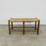 Vintage straw and wood bench, 1960s, country/mountain style