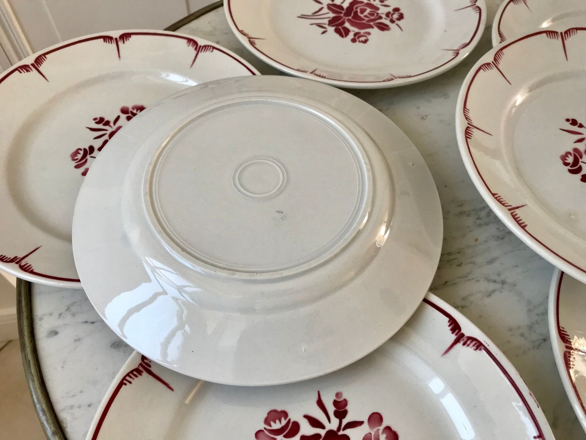 set of 7 flat plates FB Badonviller pinks years 30-40