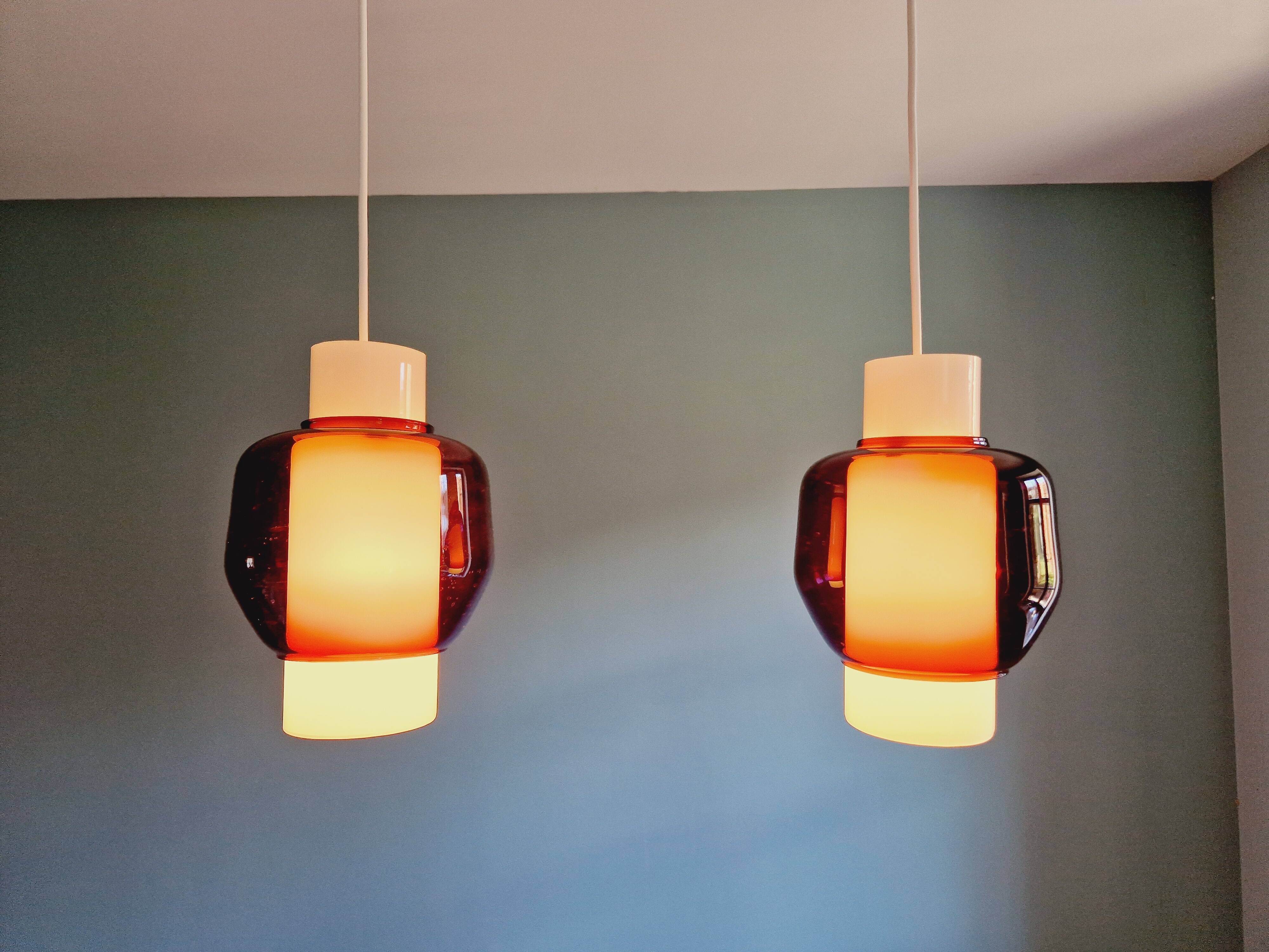 Scandinavian double pendant light in white opaline and amethyst glass, 1960s