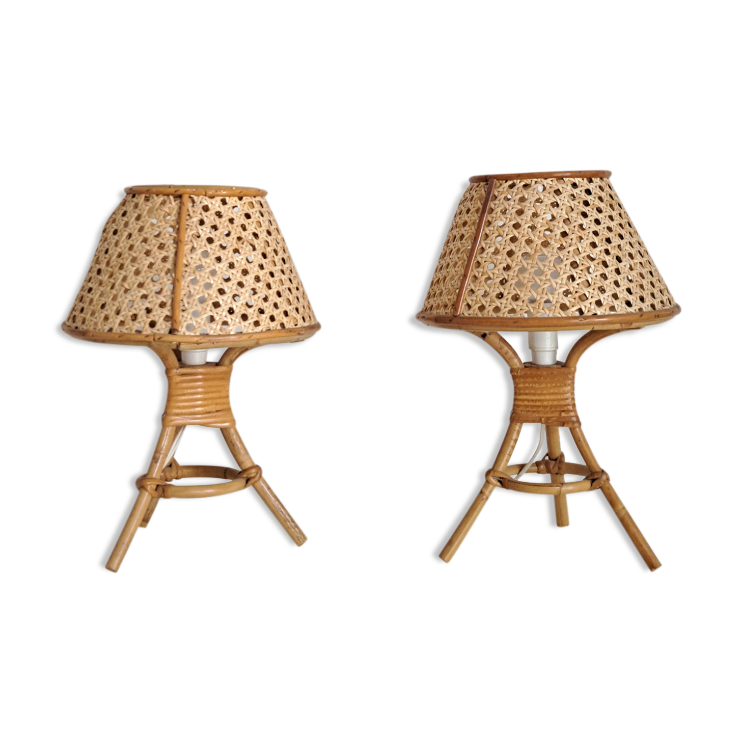 Pair of cane and bamboo lamps
