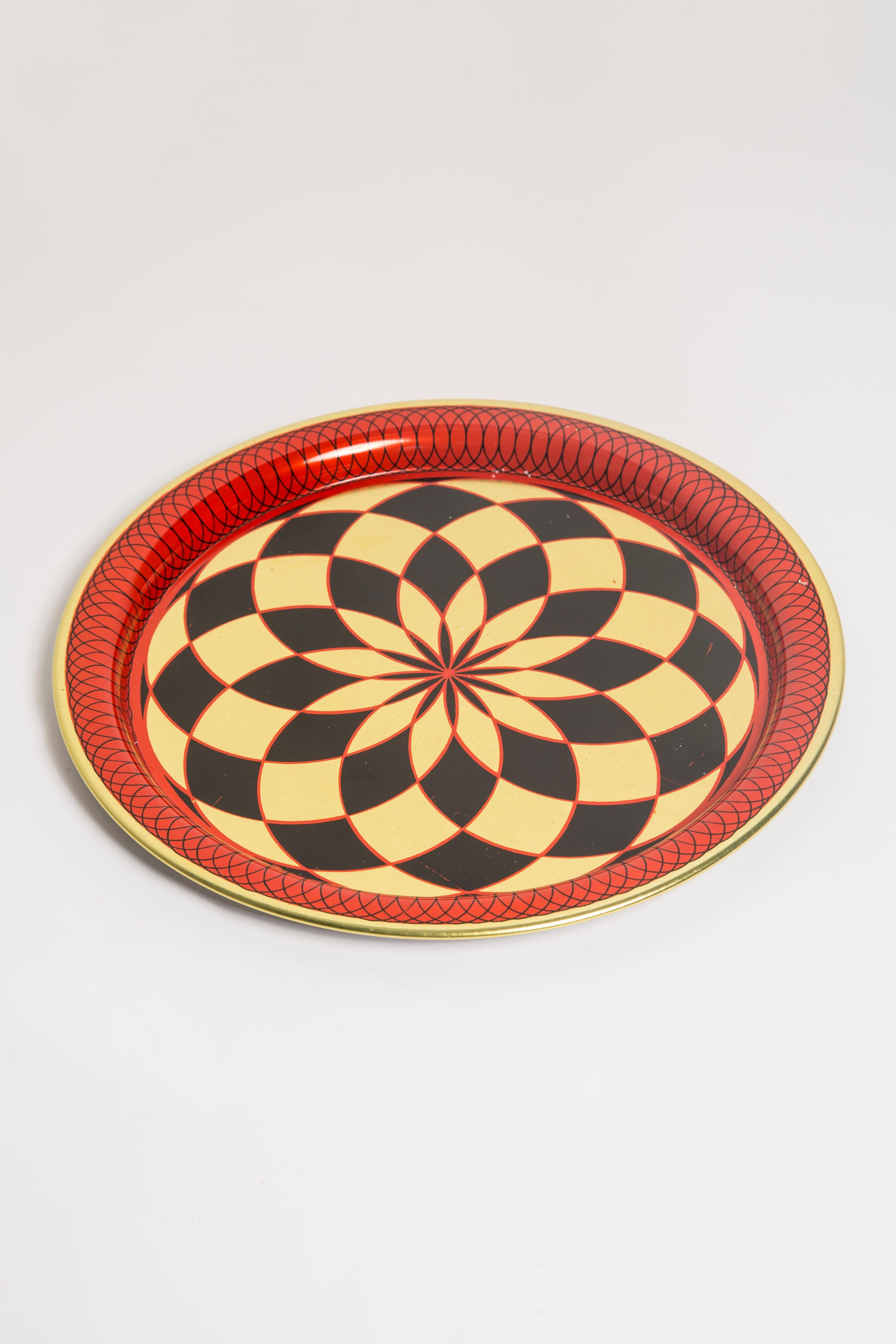 Vintage decorative plate in red, black, and gold metal, Poland, 1960s.