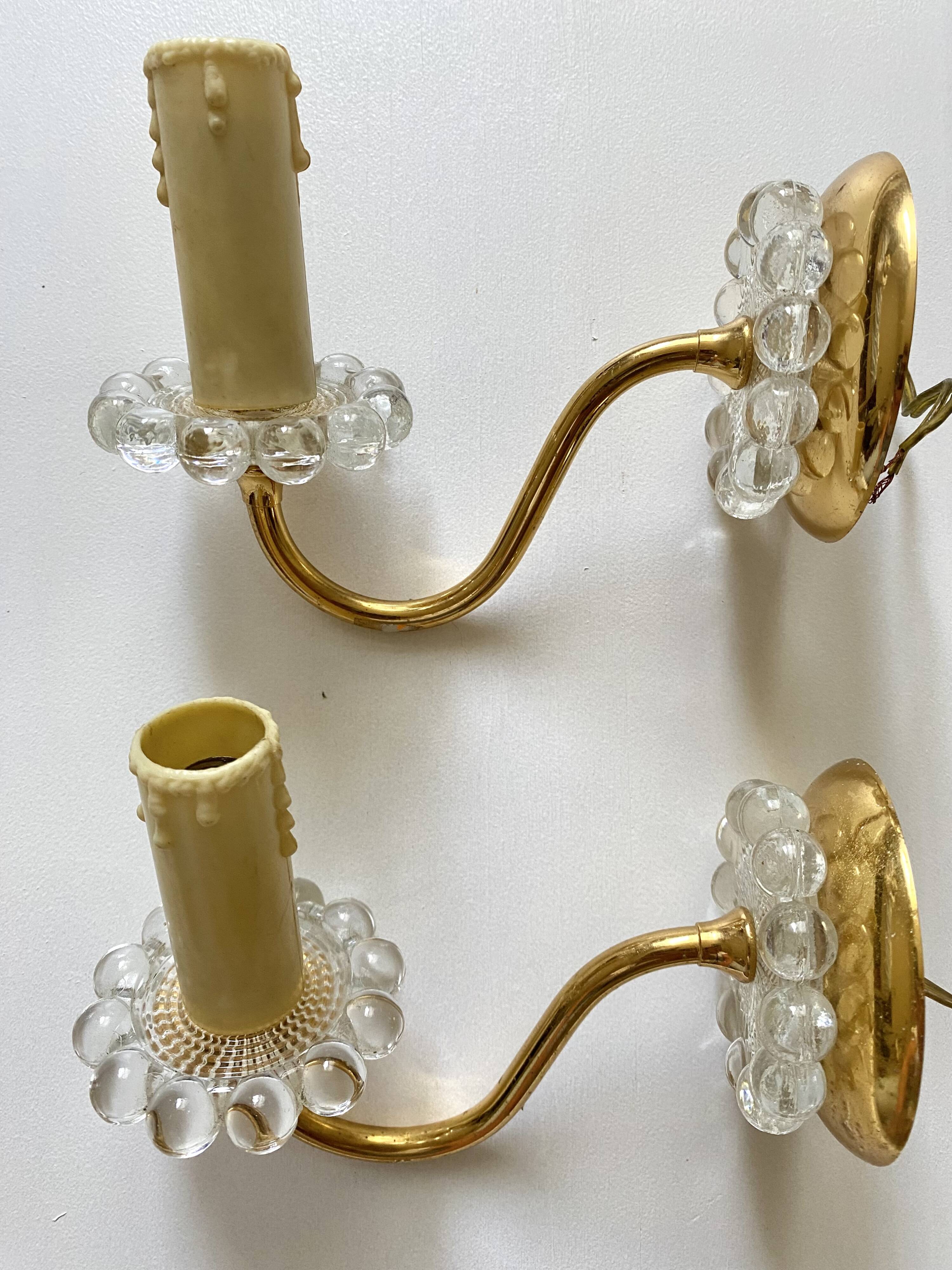 Pair of glass and gold metal wall lights from the 1960s