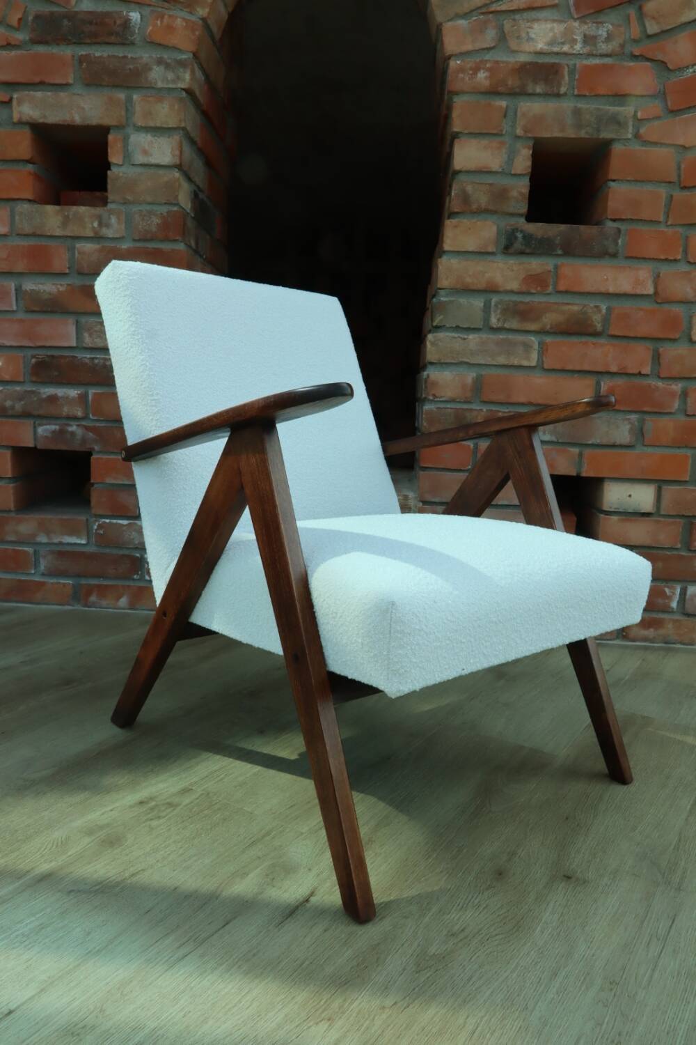 Vintage armchair mid century modern design white boucle dark walnut wood colour 1970 restored chair