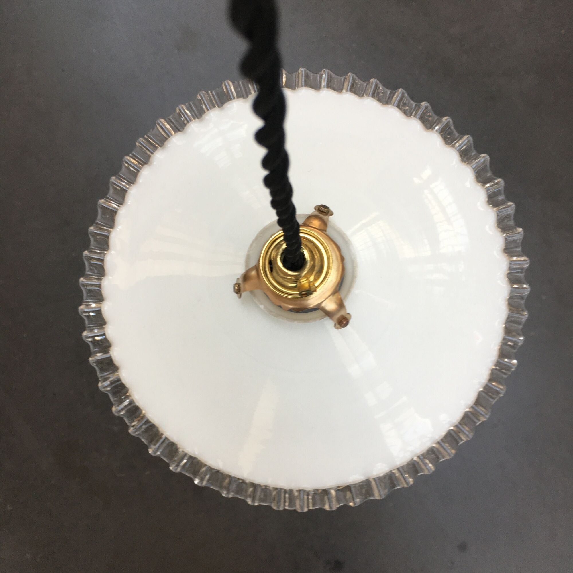 Pairs of vintage suspensions in white opaline with serrated edges