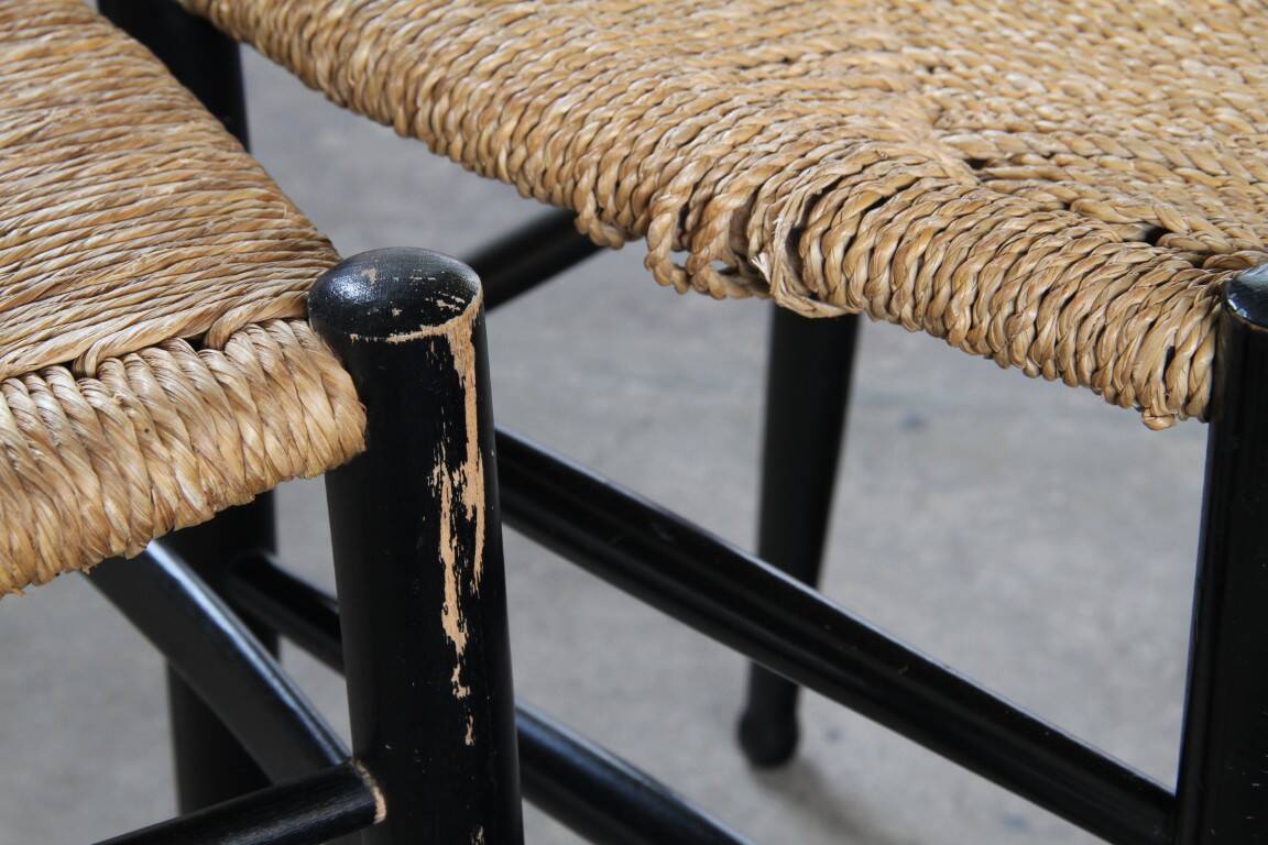 Vintage set of 8 Italian papercord black dining chairs, woven seat, 1950s