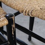 Vintage set of 8 Italian papercord black dining chairs, woven seat, 1950s