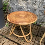 Pair of tripod coffee tables in rattan from the 1950s.