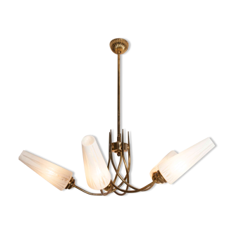 5-branched opaline brass chandelier 60's