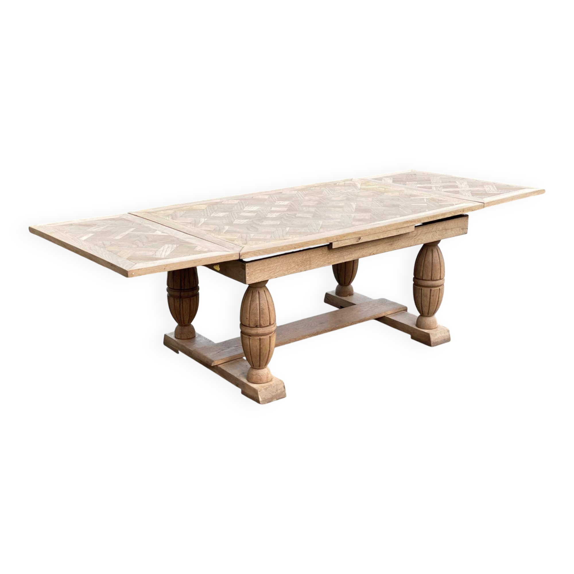 Renovated Art Deco monastery table, extendable, in raw oak, 250cm.