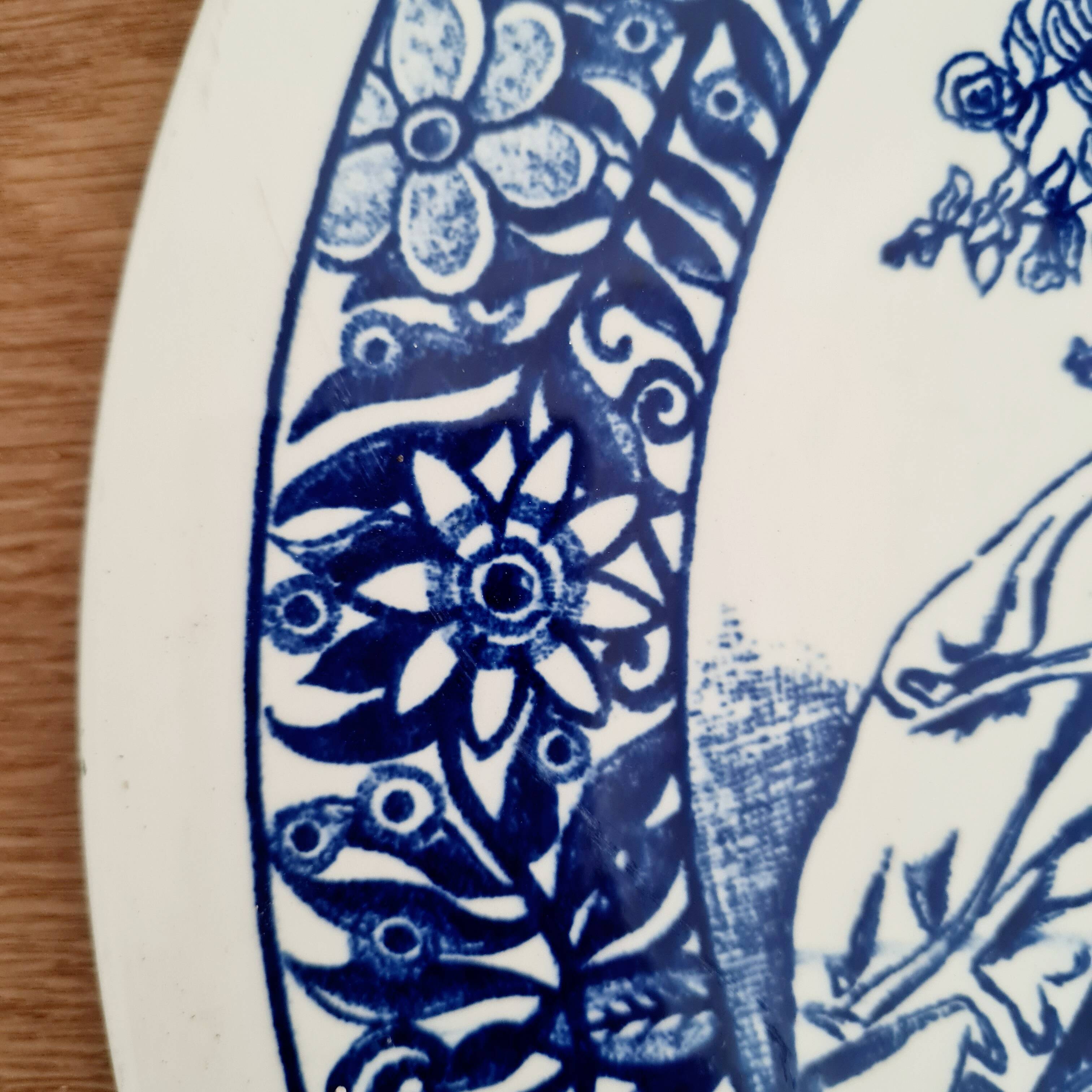Large white porcelain dish with blue design