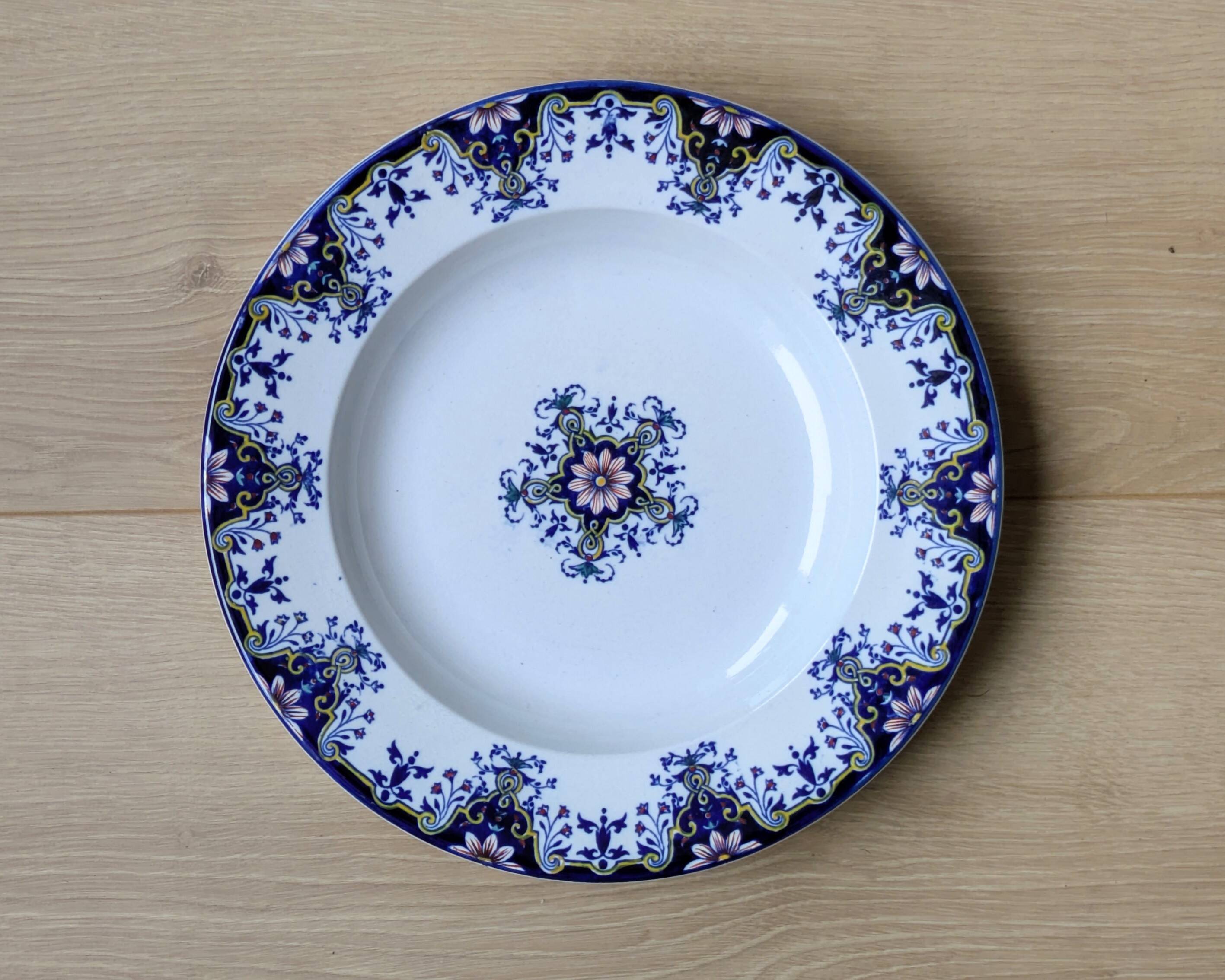 Hollow Plate in Earthenware - "Rouen Style" Decor - JVB Brand - Late 19th Century