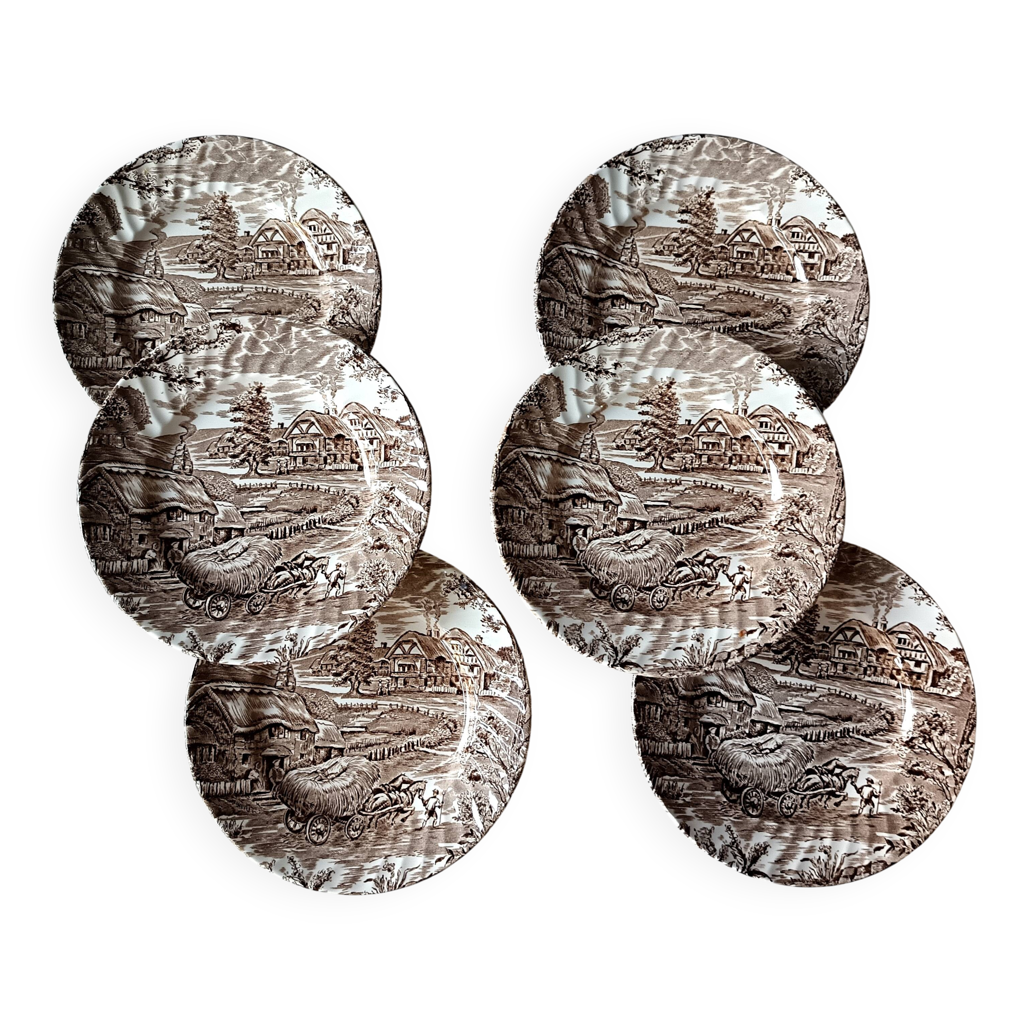 6 Ridgway "Hayride" brown and white dessert plates, Staffordshire Iron