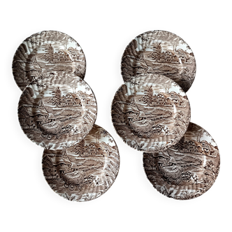 6 assiettes dessert marron et blanche Ridgway "Hayride", Staffordshire Iron