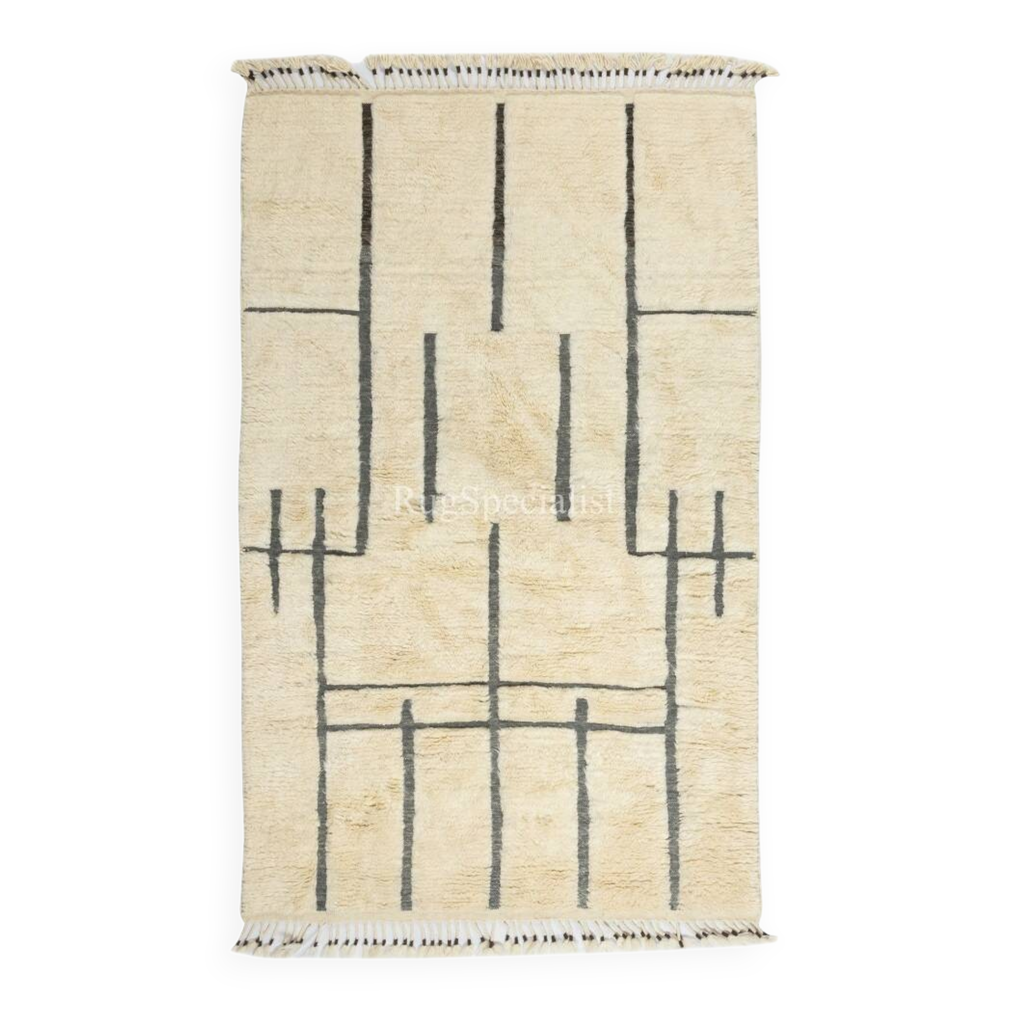 Handmade Moroccan style Tulu Rug Made of Natural Un-Dyed Wool, Beige Color Modern Hand Knotted Carpet with Fringe