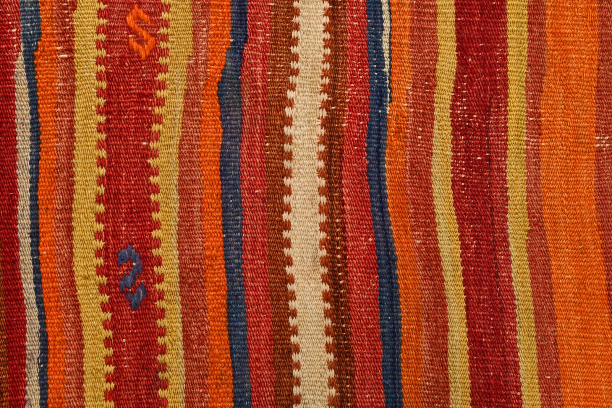 Pumpkin Orange Striped Turkish Woven Kilim Rug, 158x390 Cm