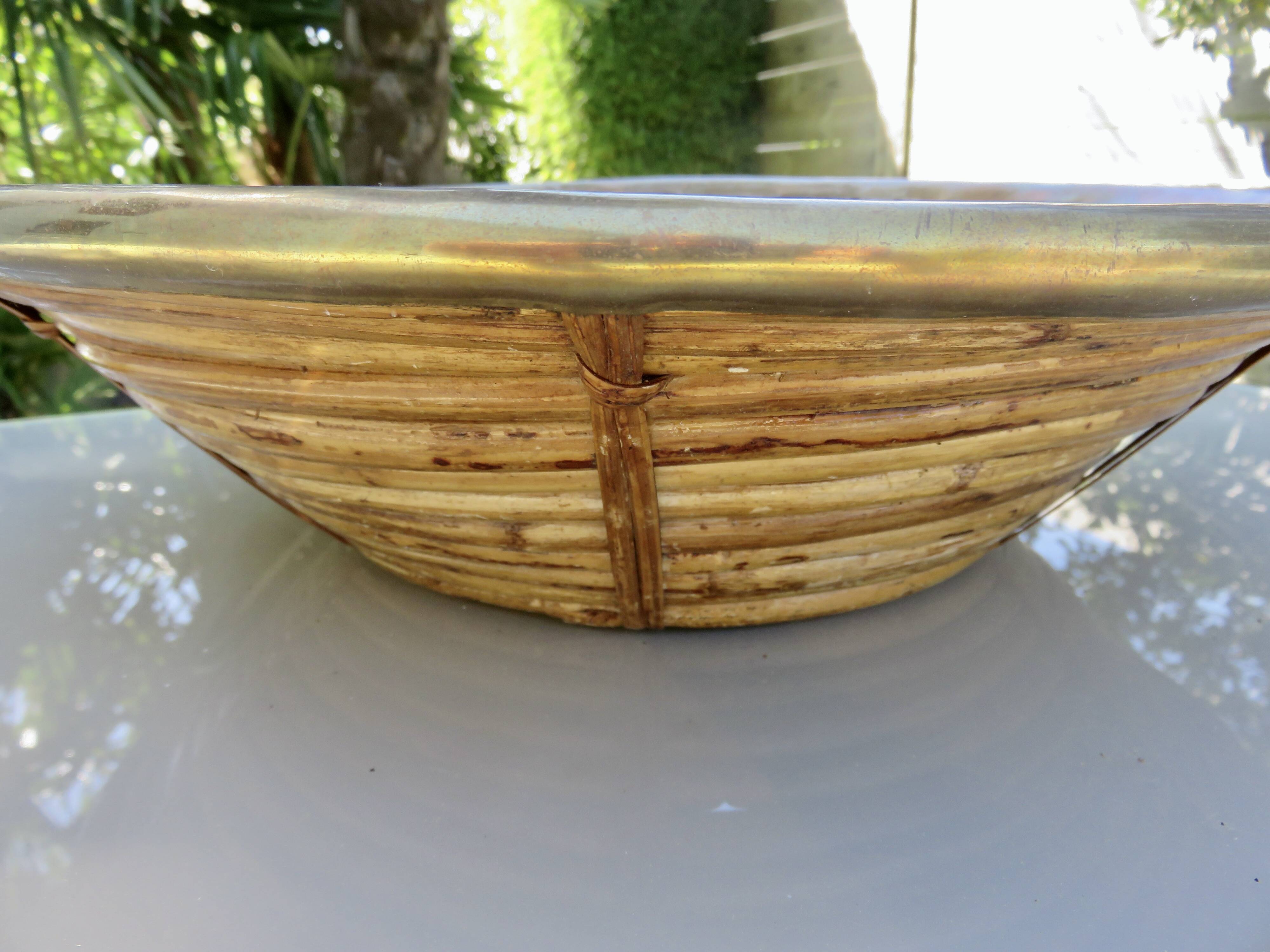 Large basket in the style of Gabriella Crespi made of bamboo and brass.