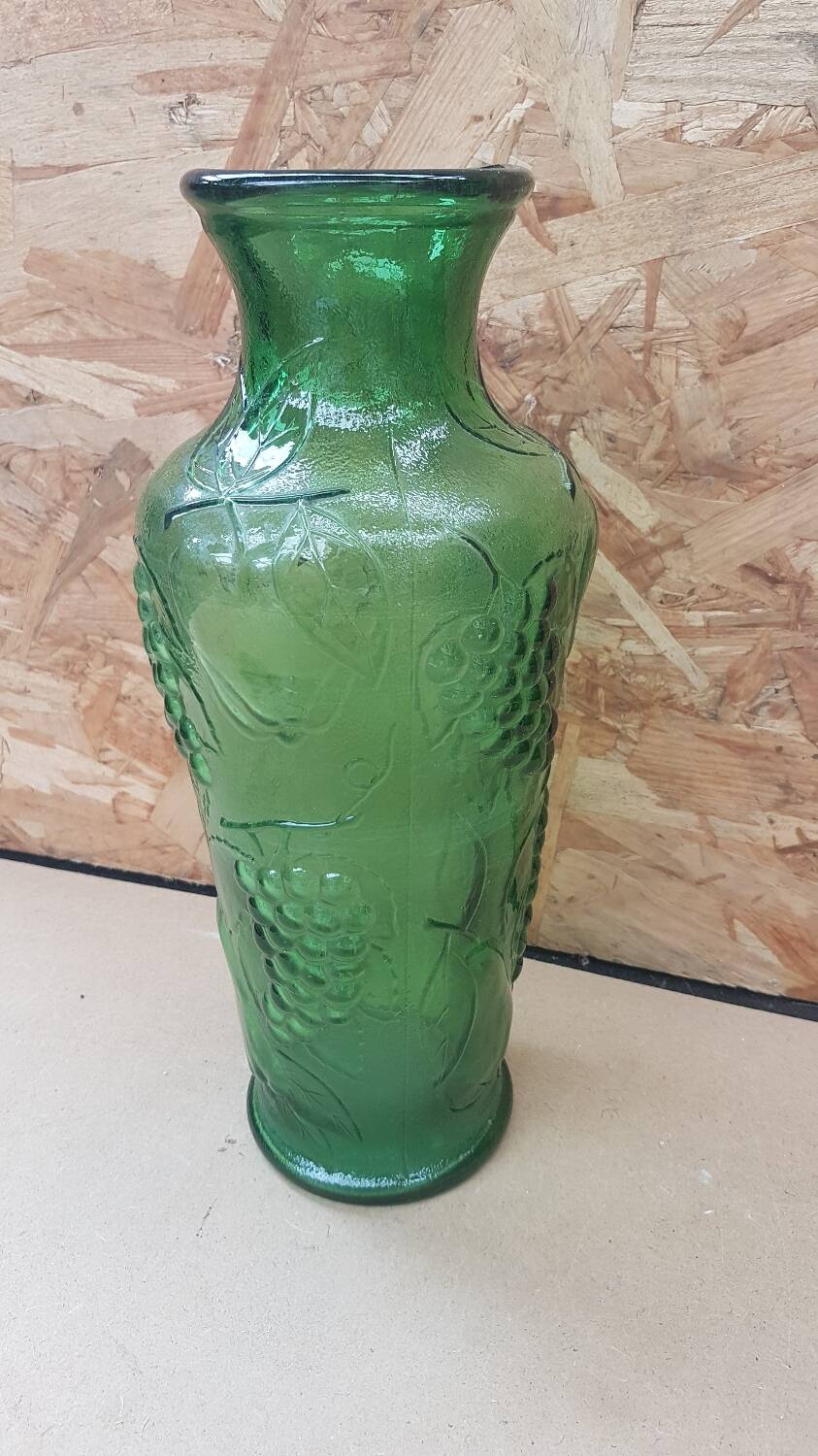 Old green molded glass vase vintage grape cluster decor