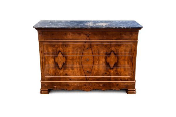 Commode Louis-Philippe noyer et ronce de noyer, plateau marbre gris– XIXe