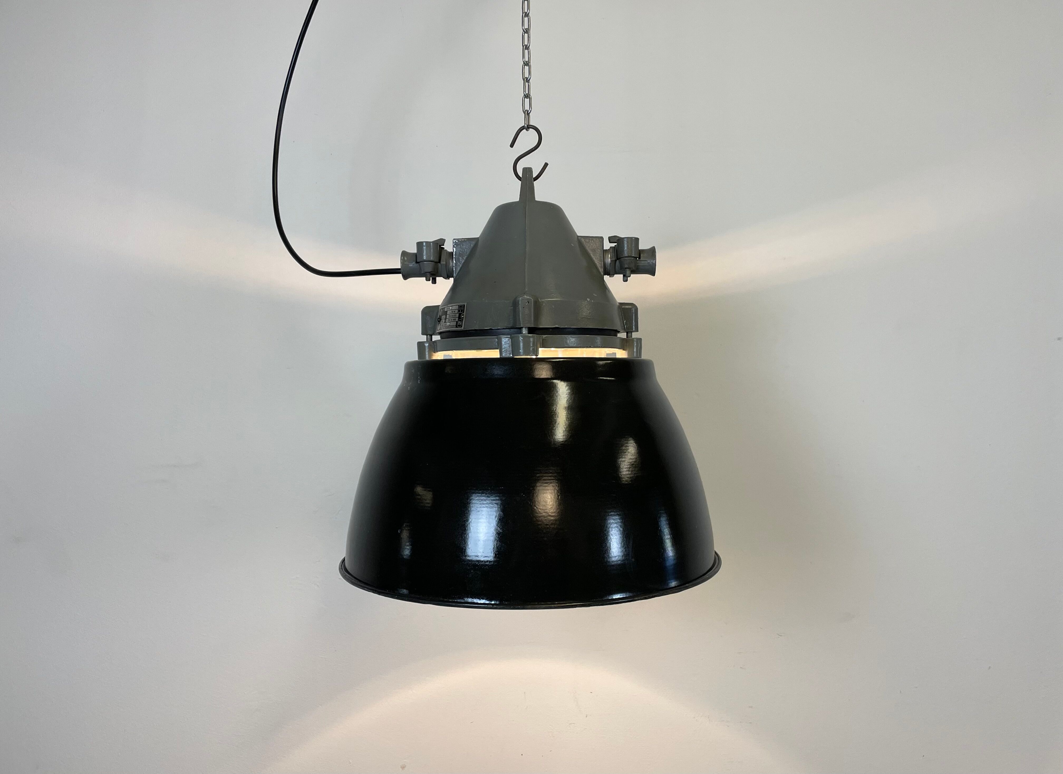 Dark grey explosion proof lamp with black enameled shade, 1970s