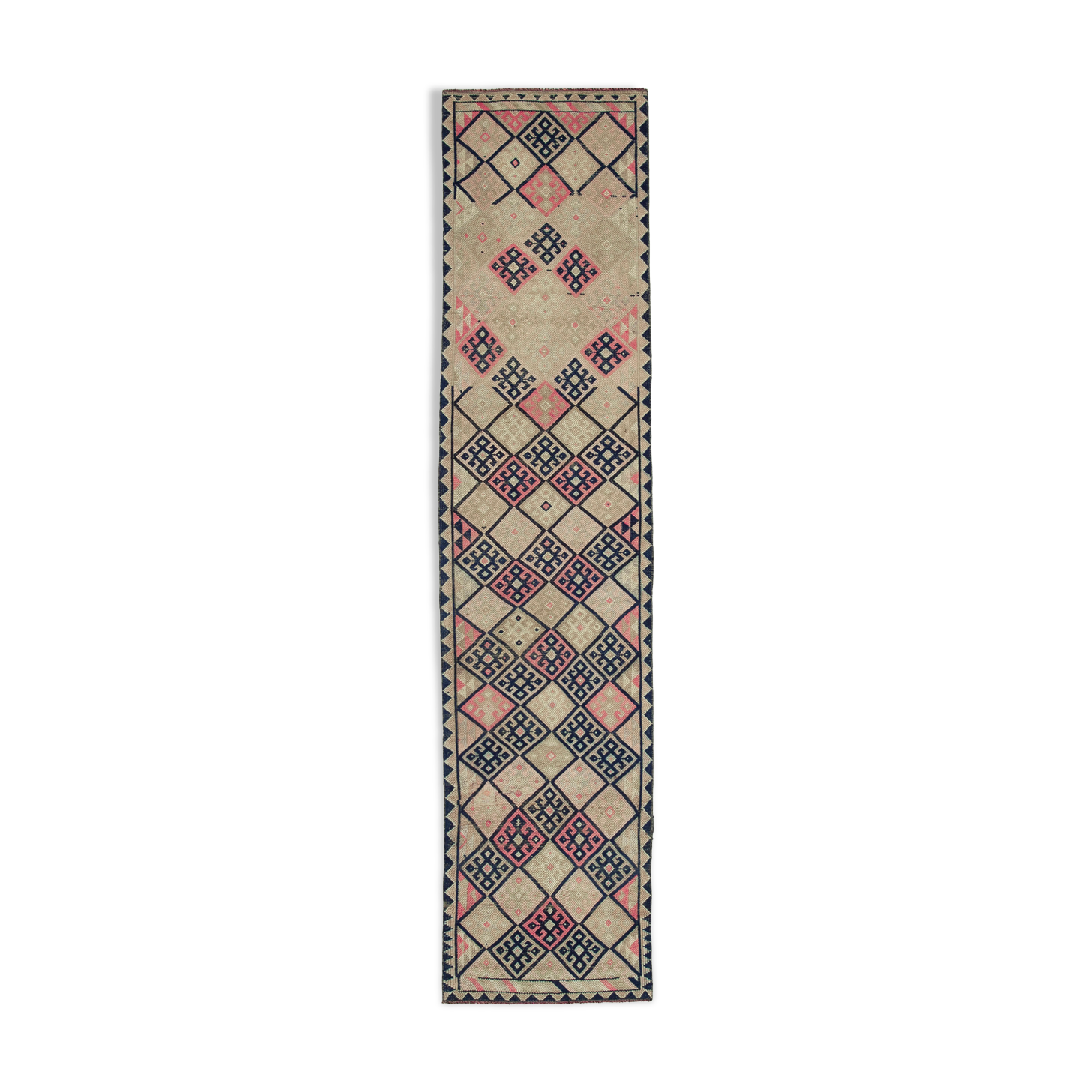 Handwoven vintage anatolian beige runner rug 84 cm x 376 cm