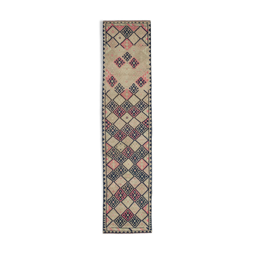 Handwoven vintage anatolian beige runner rug 84 cm x 376 cm