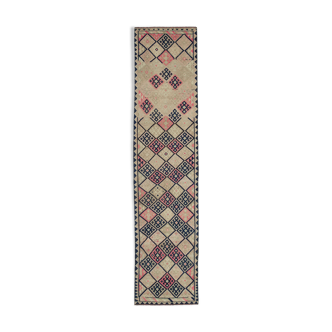 Handwoven vintage anatolian beige runner rug 84 cm x 376 cm