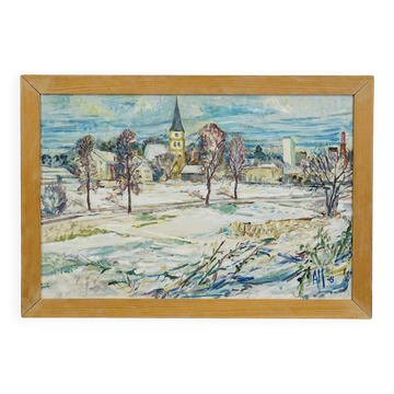 Peinture à l'huile vintage de Taufkirchen, Bavière, Alexander Michael 1975