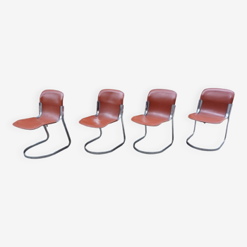 4 chaises Cidue  chrome et cuir, Italie 70's