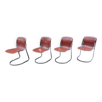 4 Cidue chrome and leather chairs, Italy 70's