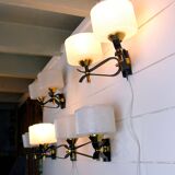 Paire d'applique double, Mid-Century, noir laiton Opaline, France 1950's