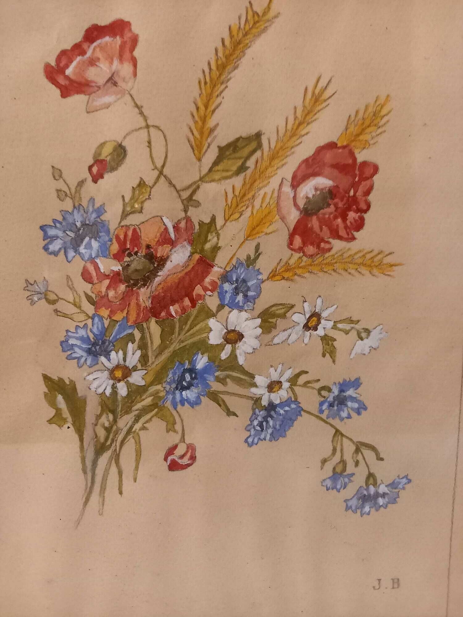 Old painting, gouache on paper, floral composition with cornflowers, poppies, wheat and chamomile