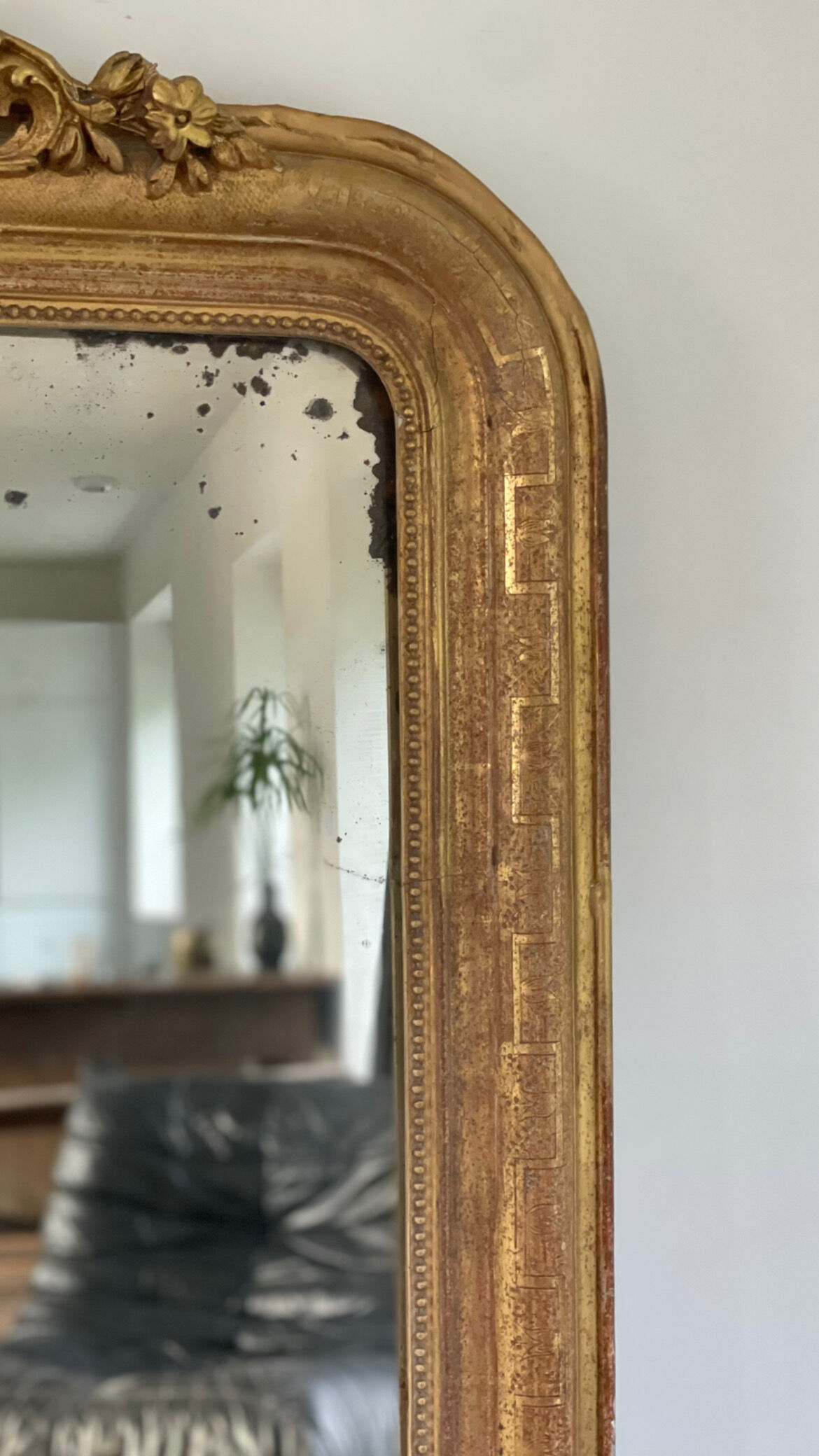 Old mirror louis Philippe gilded gold leaf pediment angels