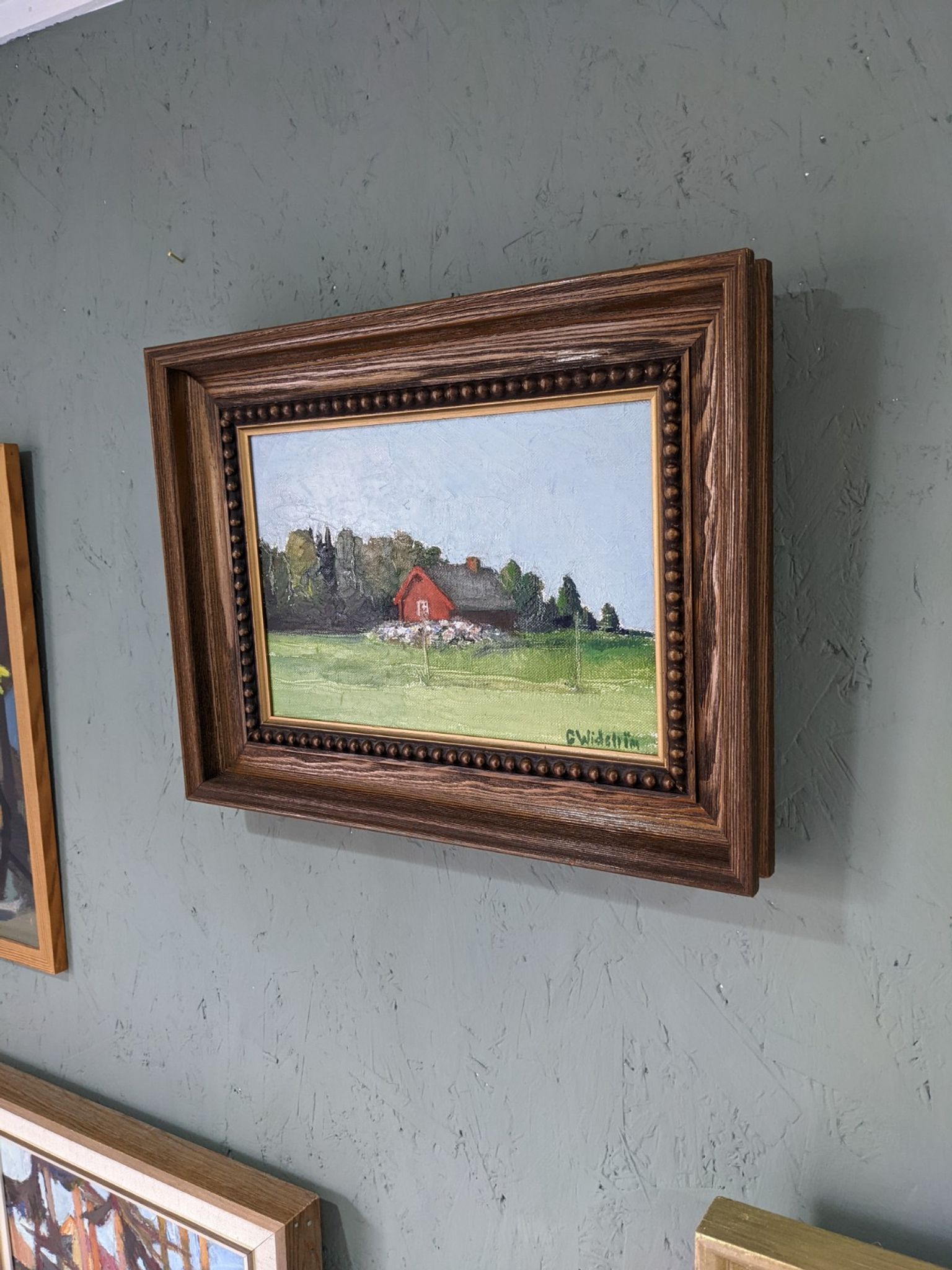 Mid-Century Modern Swedish "Red Cottage" Vintage Landscape Oil Painting, Framed