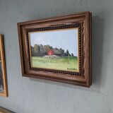 Mid-Century Modern Swedish "Red Cottage" Vintage Landscape Oil Painting, Framed