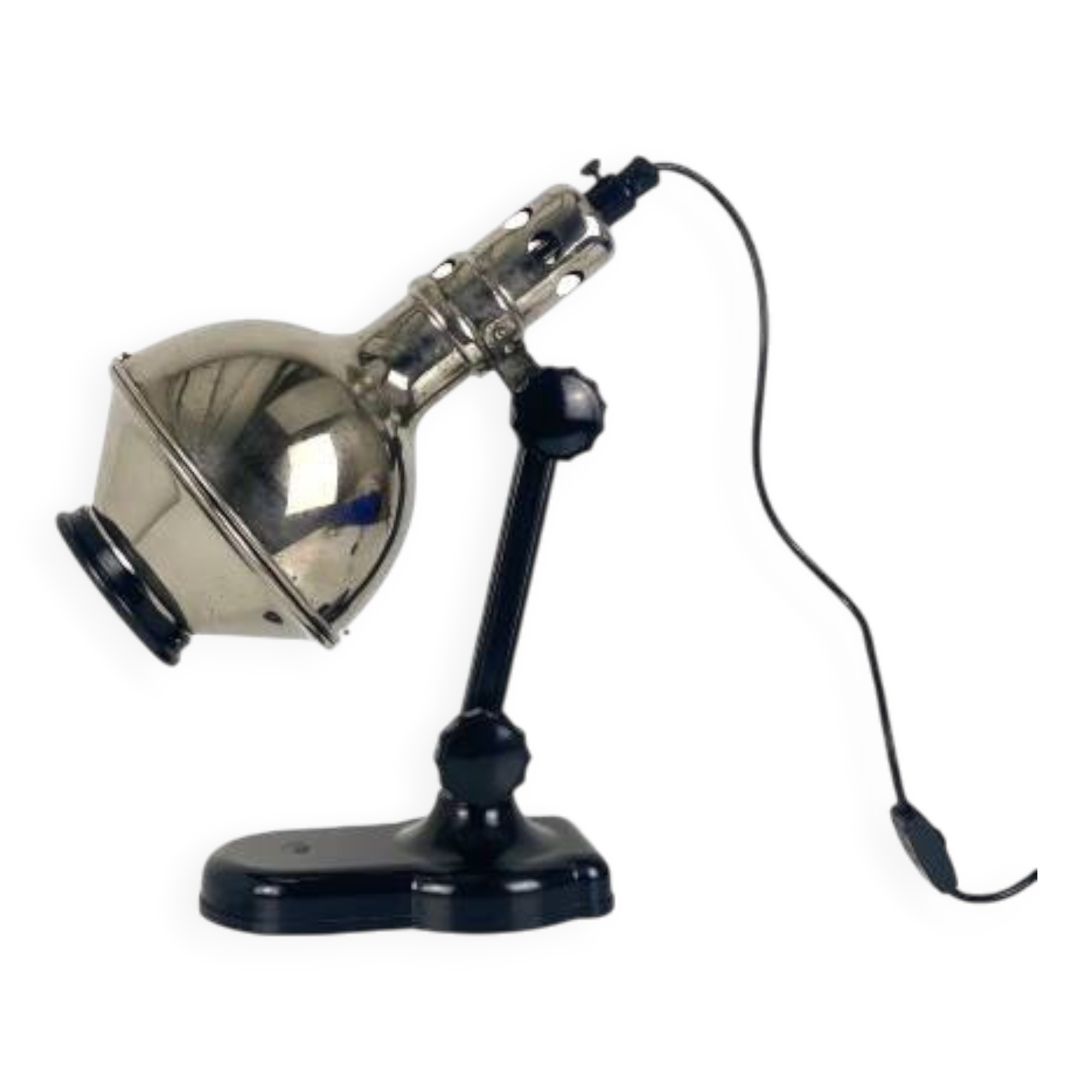 Directional articulated lamp in nickel-plated chrome and black bakelite, with cast iron counterweight.
