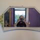 Vintage geometric mirror with floral decoration – painted patinated wood – 79 cm