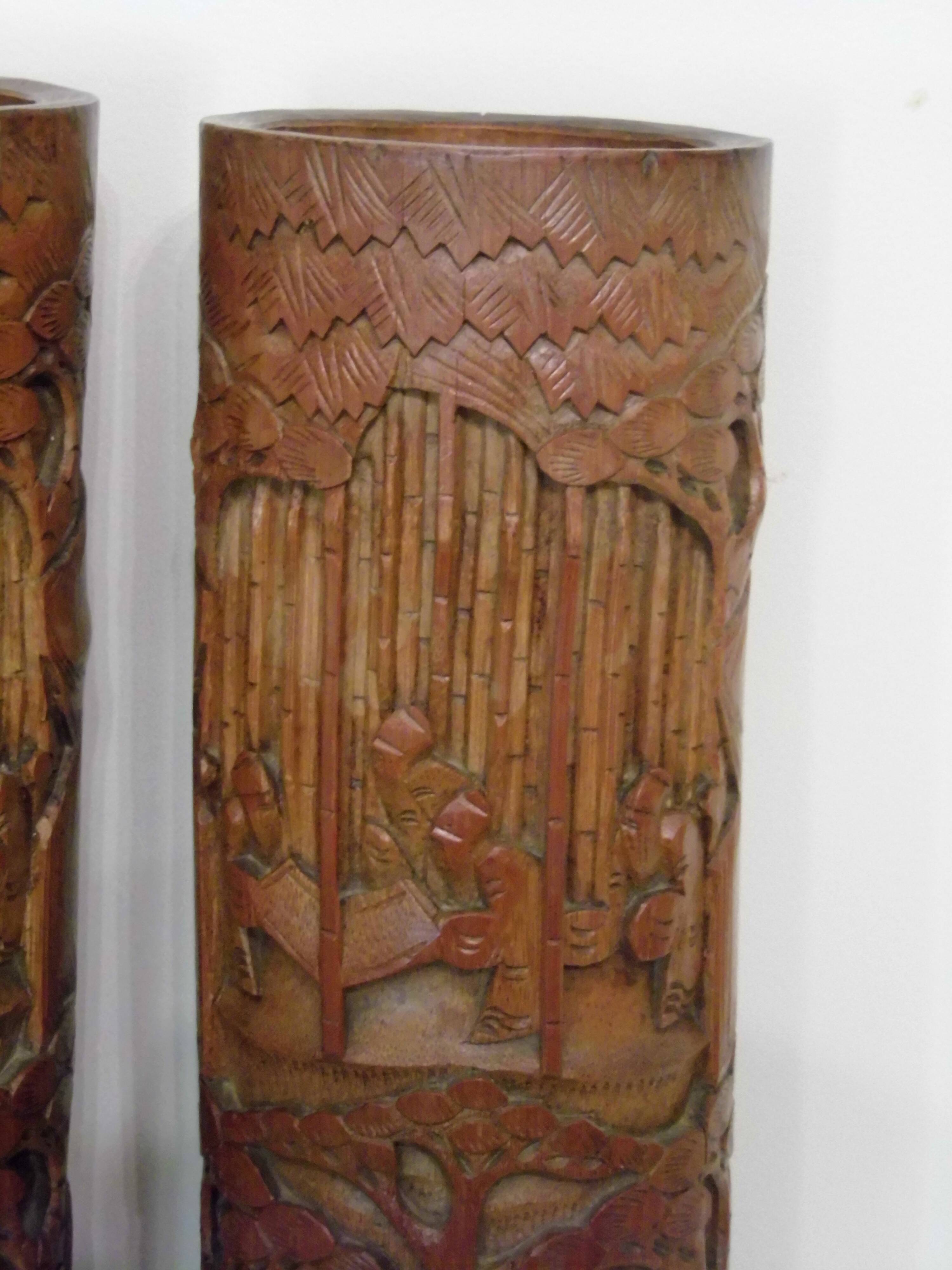 Two carved bamboo pots, pair of brush pots China late 19th early 20th century